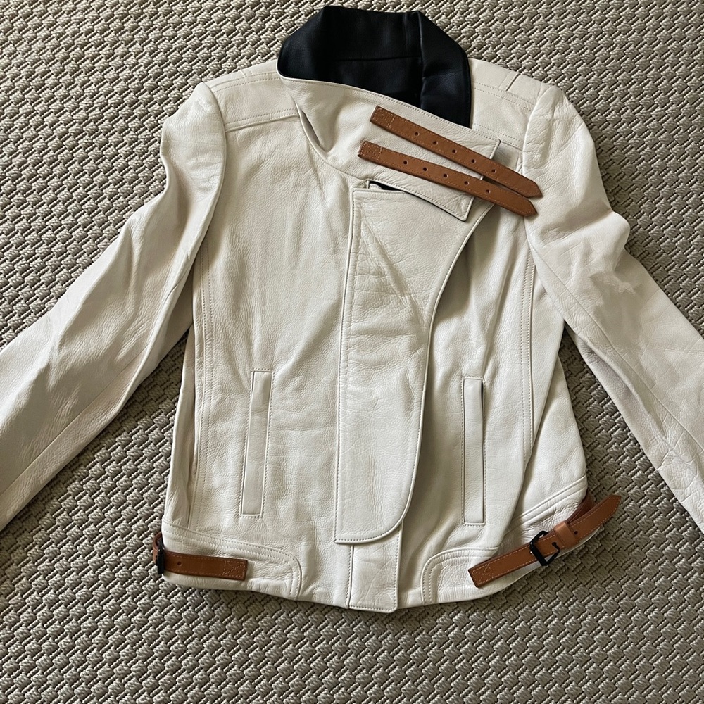A.L.C. Stylish White Leather Jacket with Brown Accents